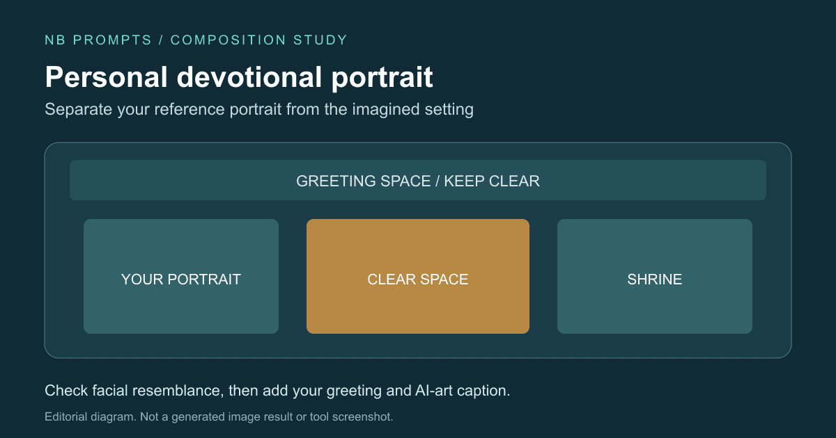 Separate your reference portrait from the imagined setting; editorial diagram, not a generated result.