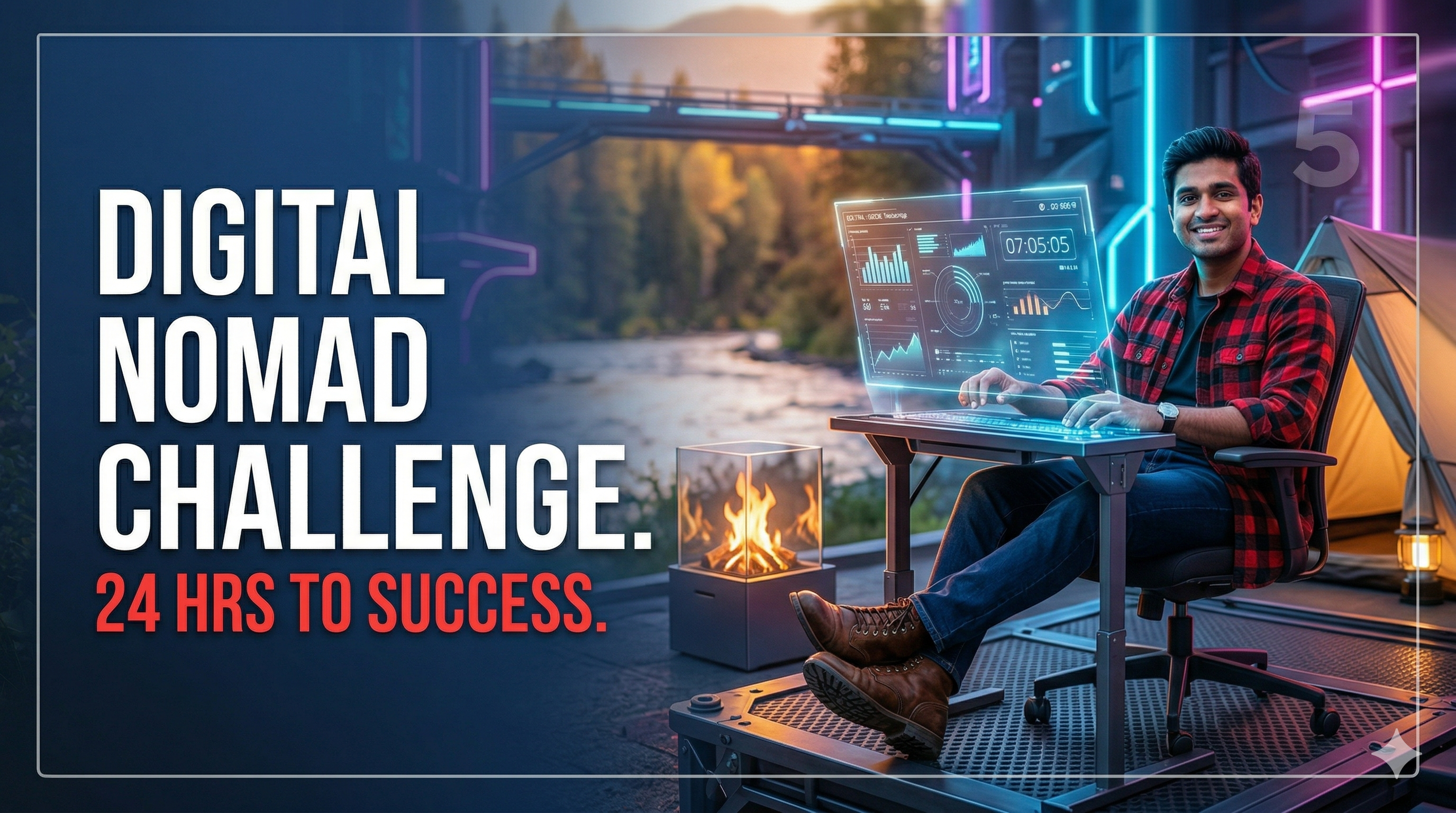 Digital Nomad Challenge Thumbnail Prompt (2026): Cinematic Tech + Nature Cover